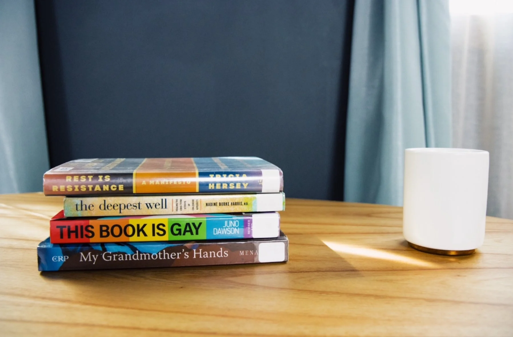 Affirming literature on a sunlit table
