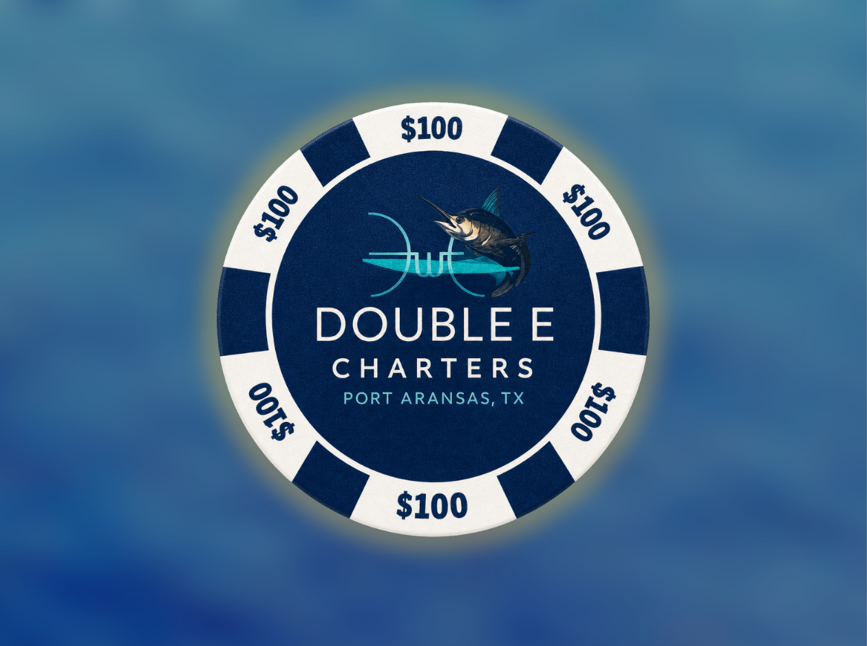 Double E Charters casino chip featuring a marlin and Port Aransas, Texas branding.