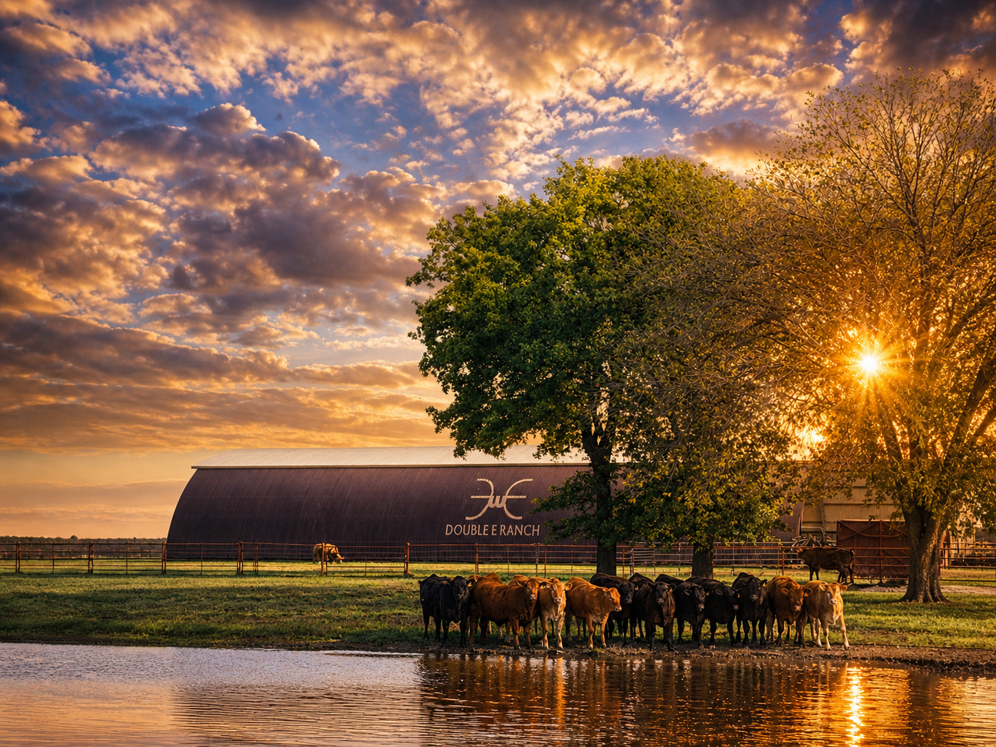 Double E Ranch & Venue at sunset, Texas landscape and cattle grazing near the barn.