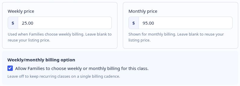 Recurring class billing settings with weekly and monthly options