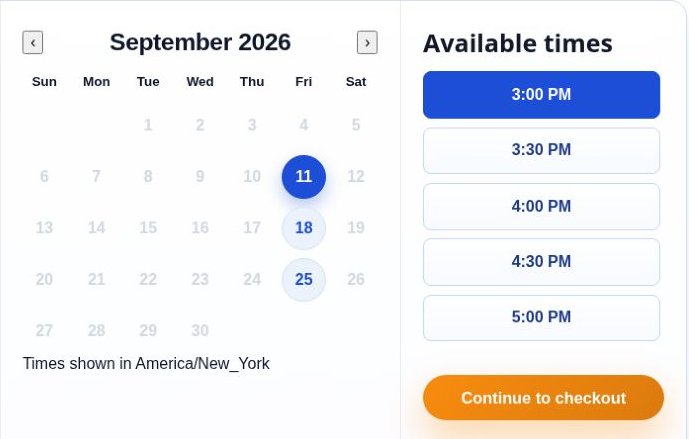Tutoring booking calendar and time selection interface