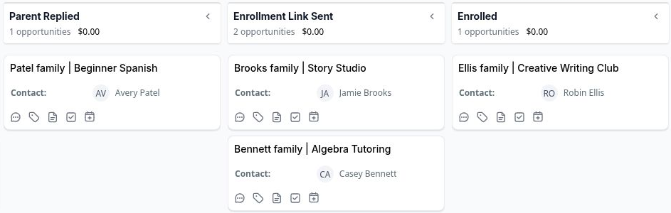 Connect pipeline opportunity tracking showing class interest stages