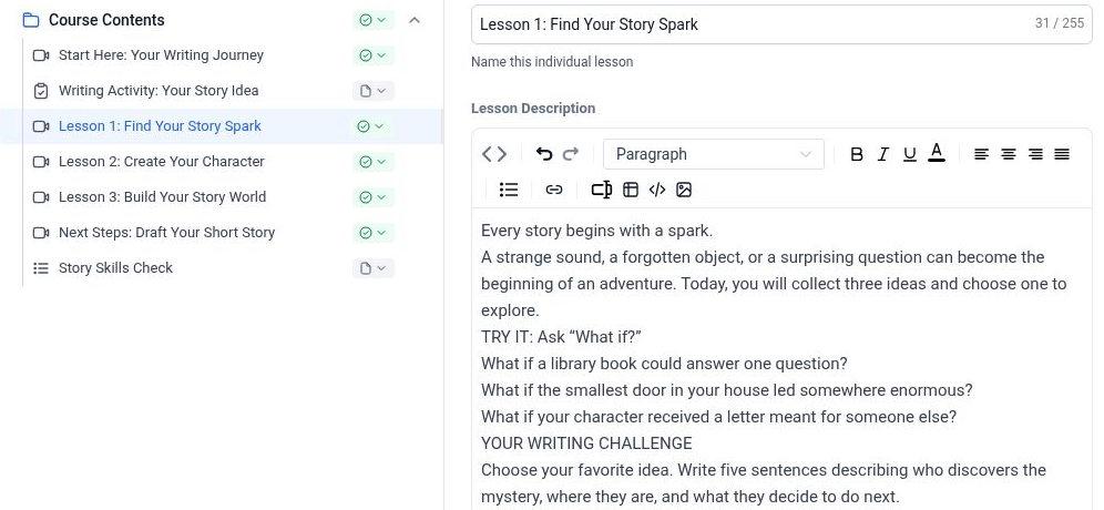 Self-paced program lesson and course builder interface