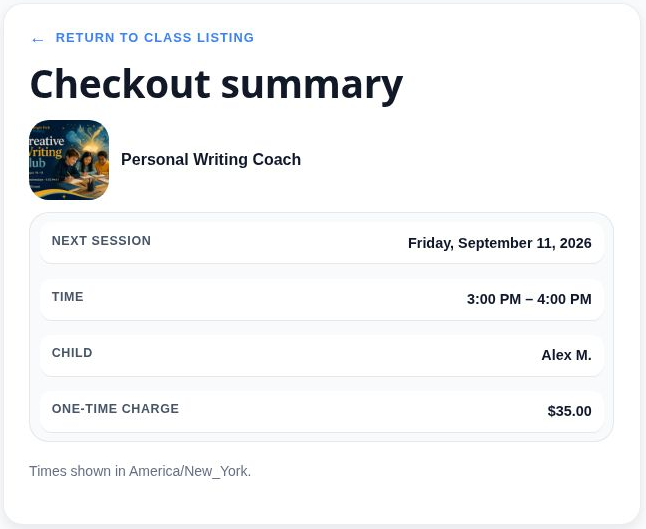 Parent checkout screen with learner selection and Stripe payment