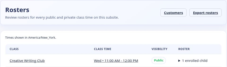 Roster overview showing class times and enrolled learners