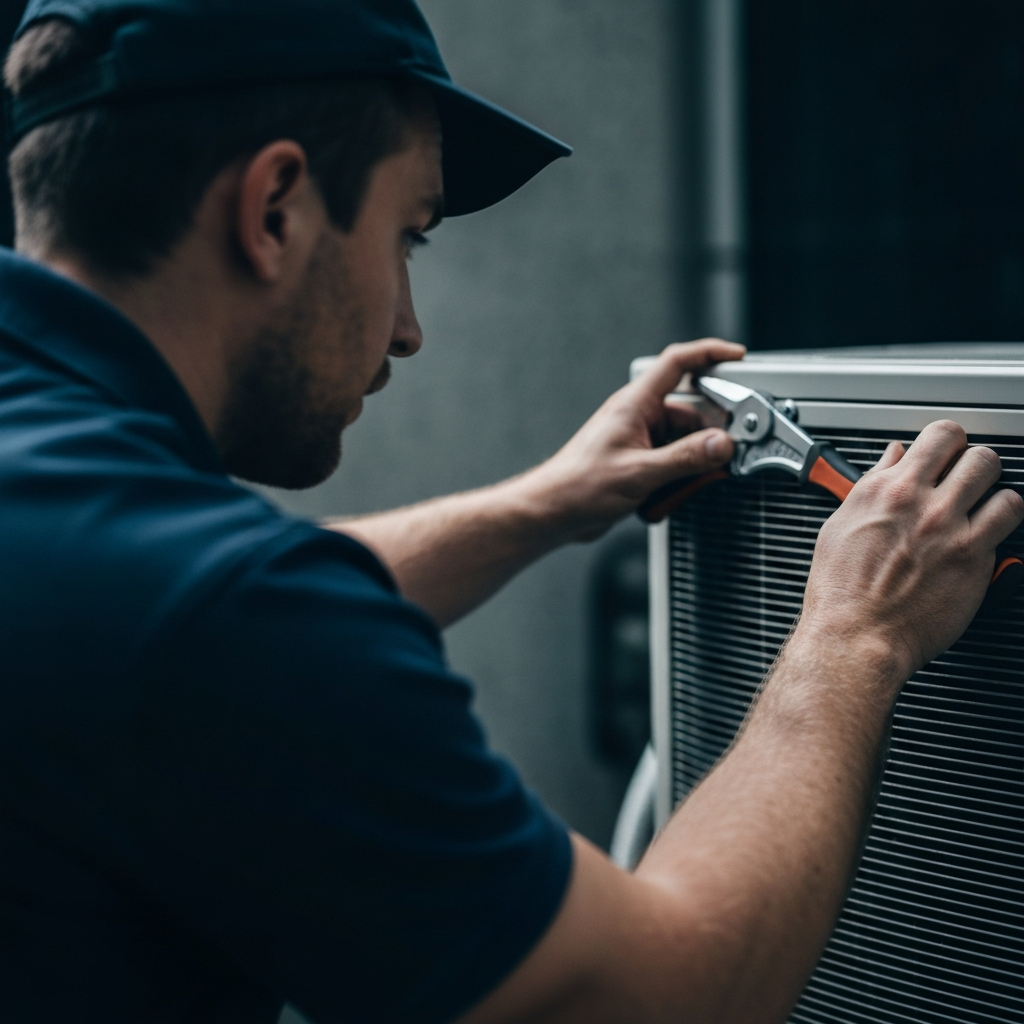 Professional HVAC technician working on outdoor unit, hands visible