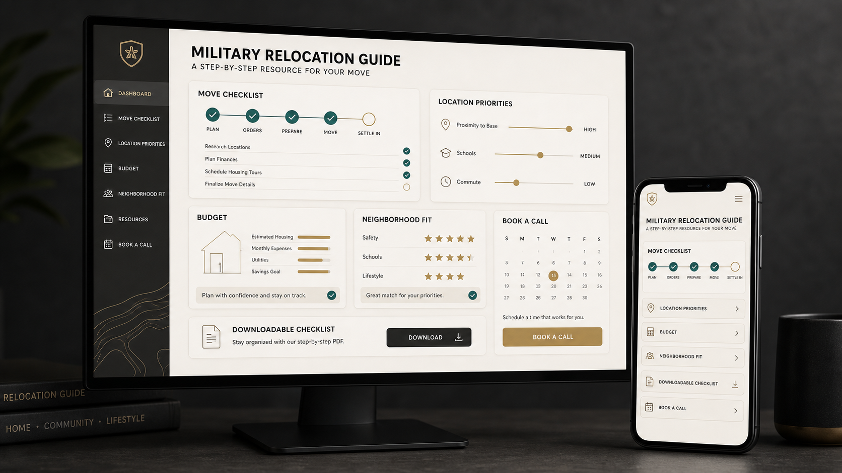 Reconstructed military relocation guide showing move planning tools and a consultation booking path