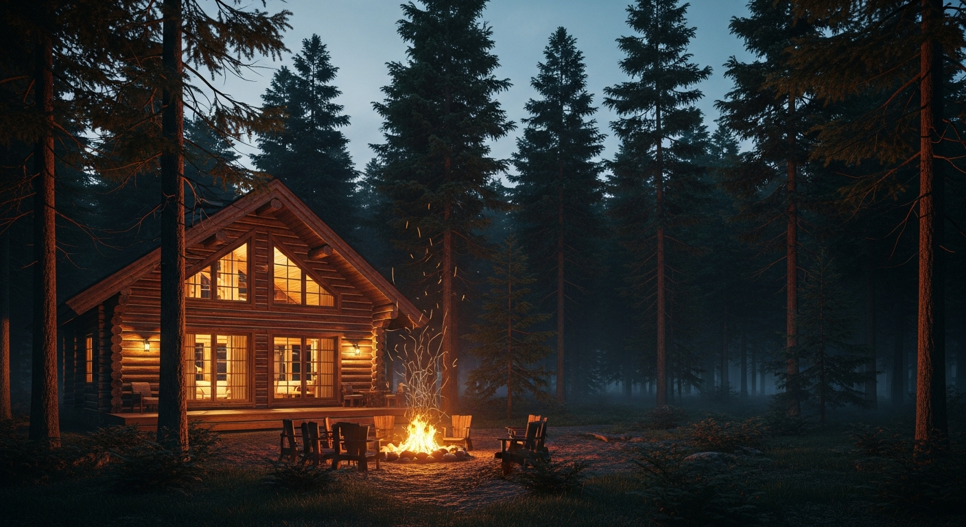 Cabin in the forest at dusk