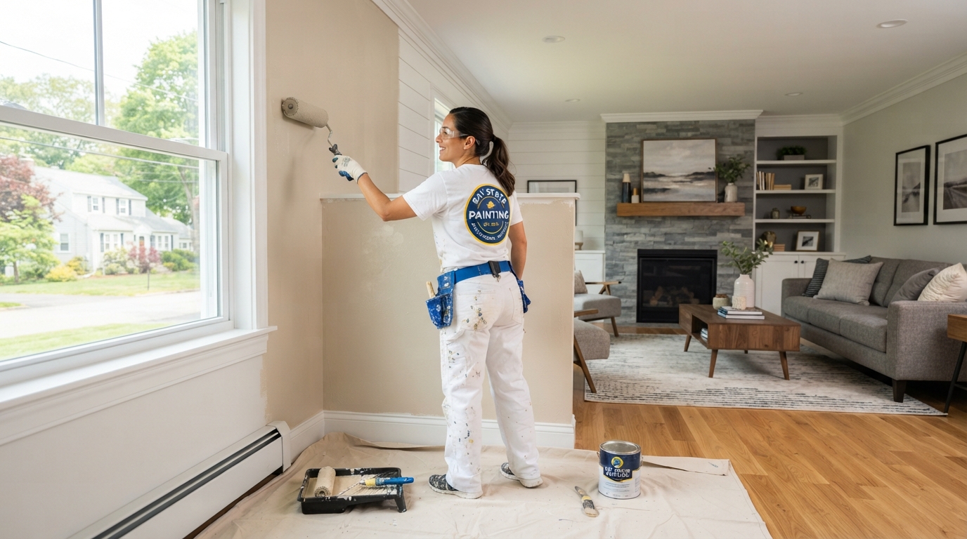Professional interior house painting in a Massachusetts living room