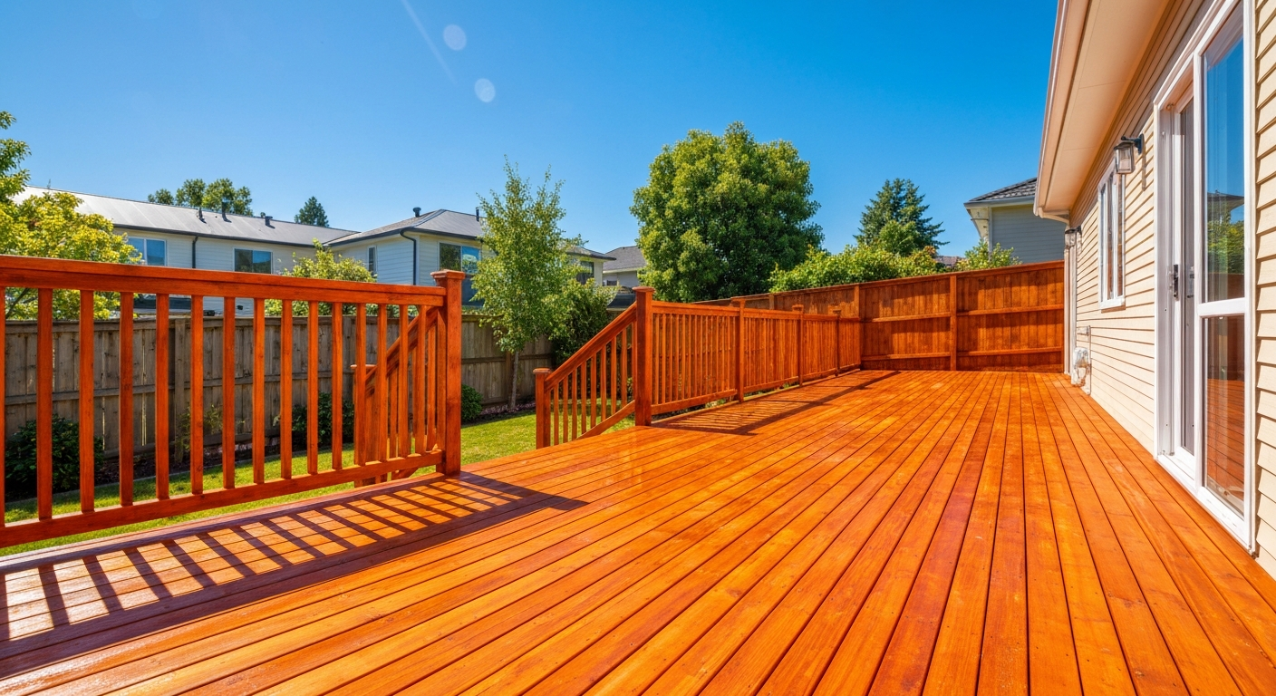 Beautifully stained wooden deck and fence by Pacific Power Washing & Painting