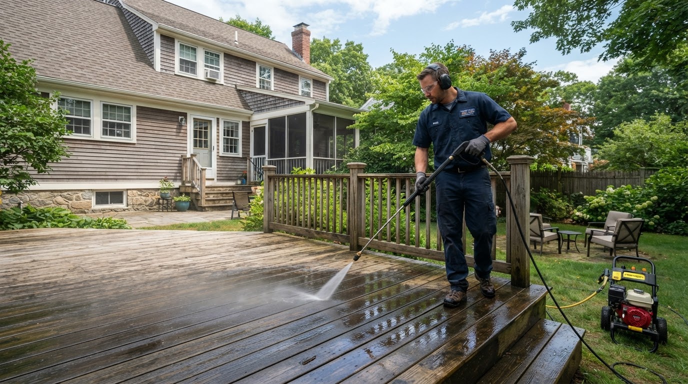 Professional power washing a wooden backyard deck