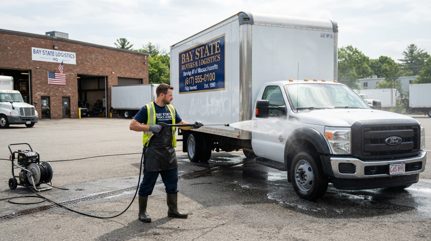 Professional pressure washing a commercial box truck