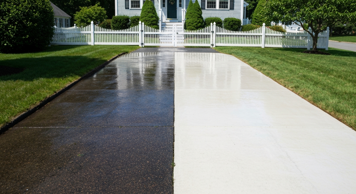 Professional power washing of a concrete driveway