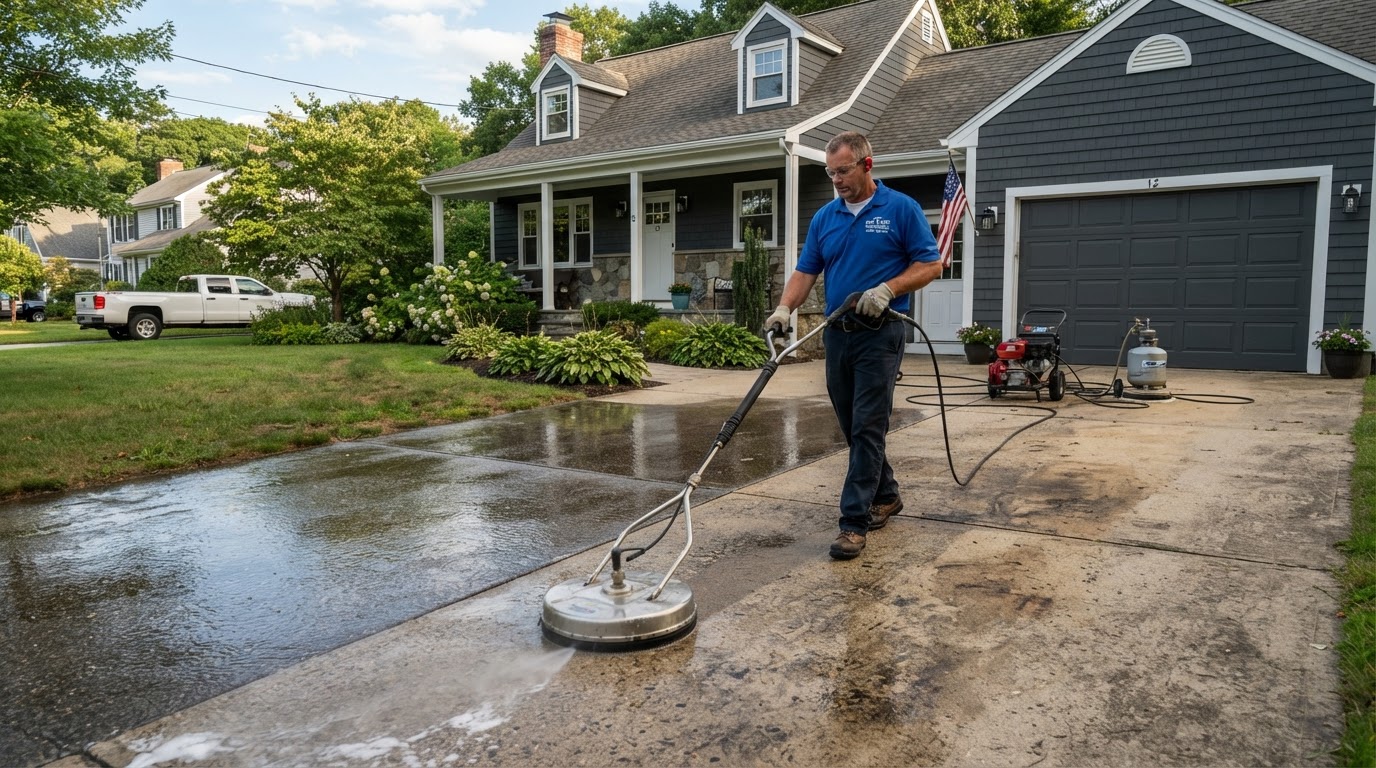 Professional pressure washing a residential driveway