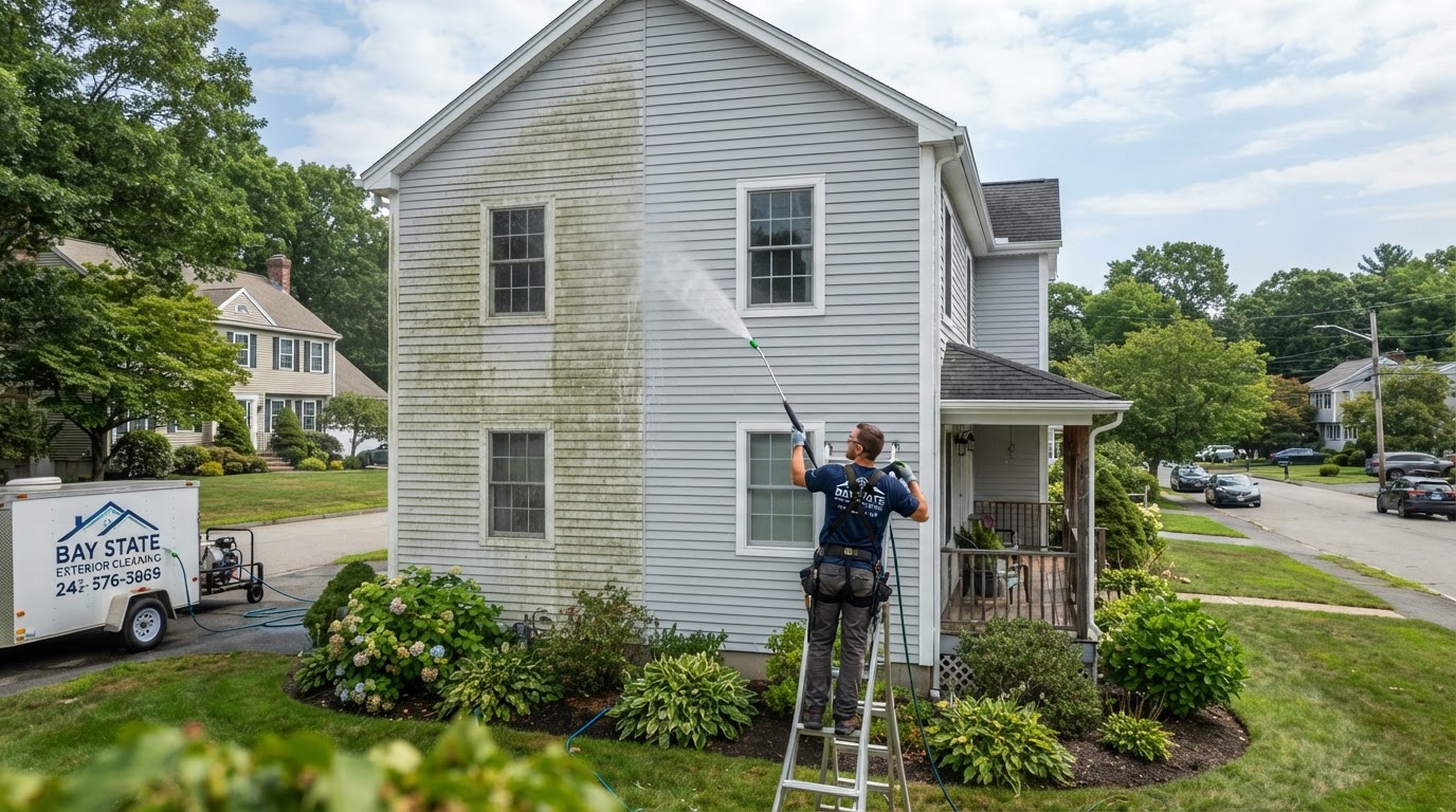 Professional soft washing a residential home's vinyl siding