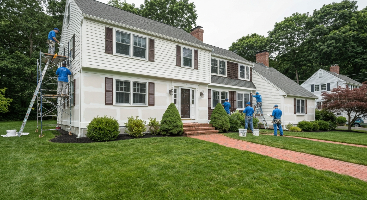 Professional exterior house painting in progress