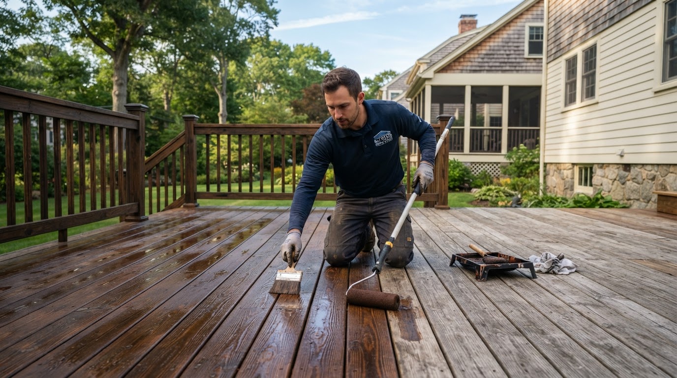 Professional deck staining technician applying stain to a wooden deck