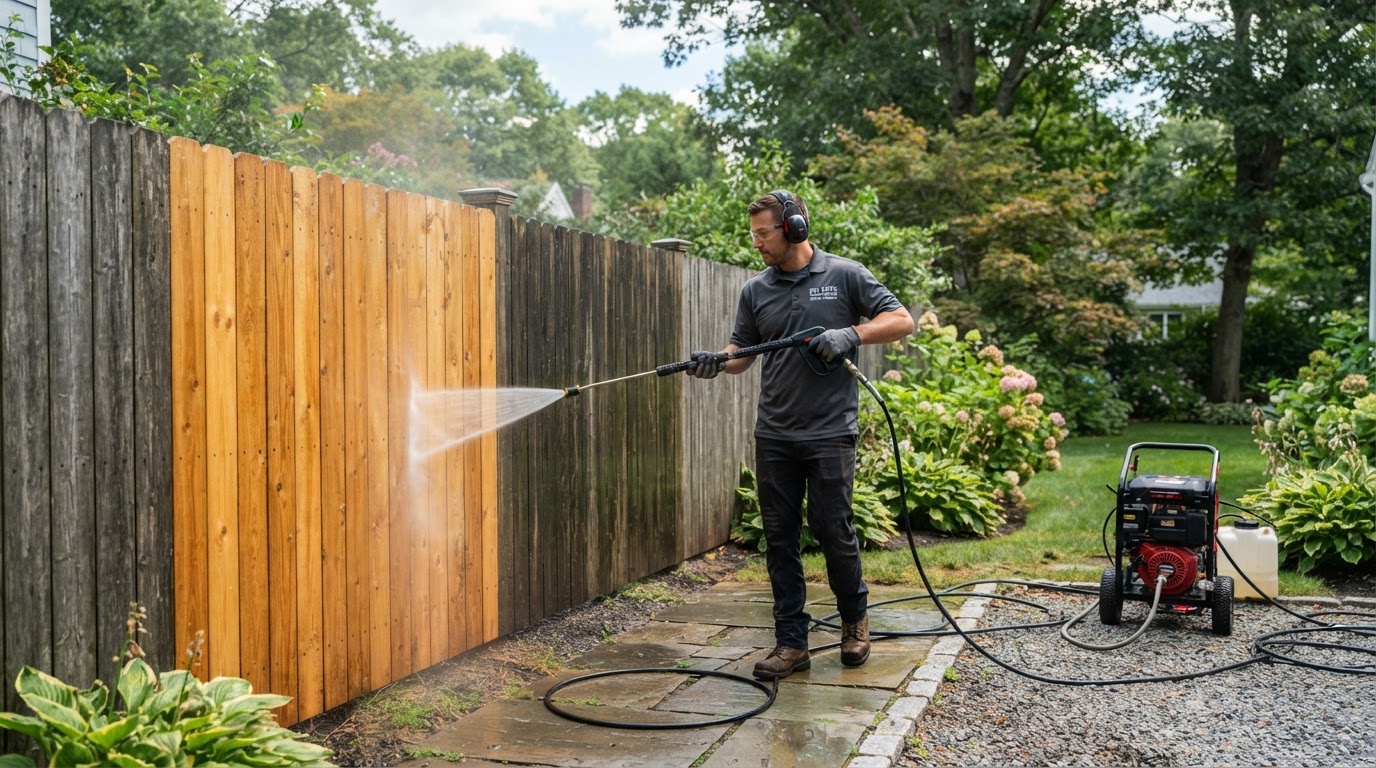 Professional power washing a wooden privacy fence