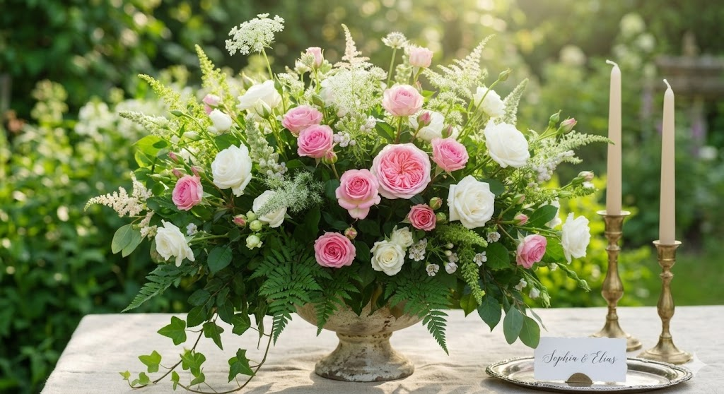 Romantic garden wedding floral arrangement