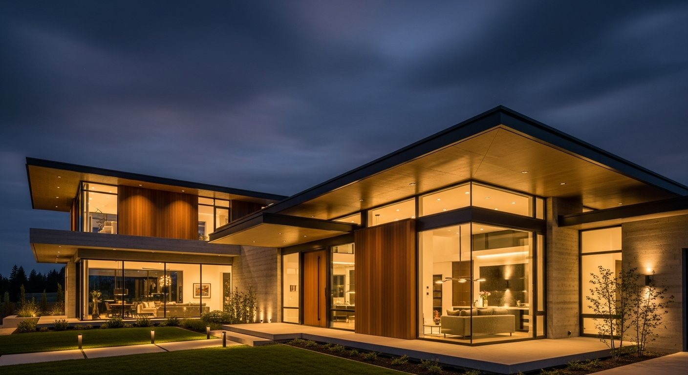 Luxury home exterior at twilight