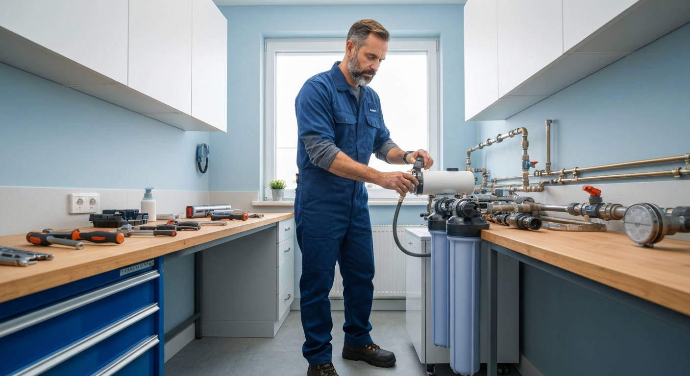 Plumber working on specialized system
