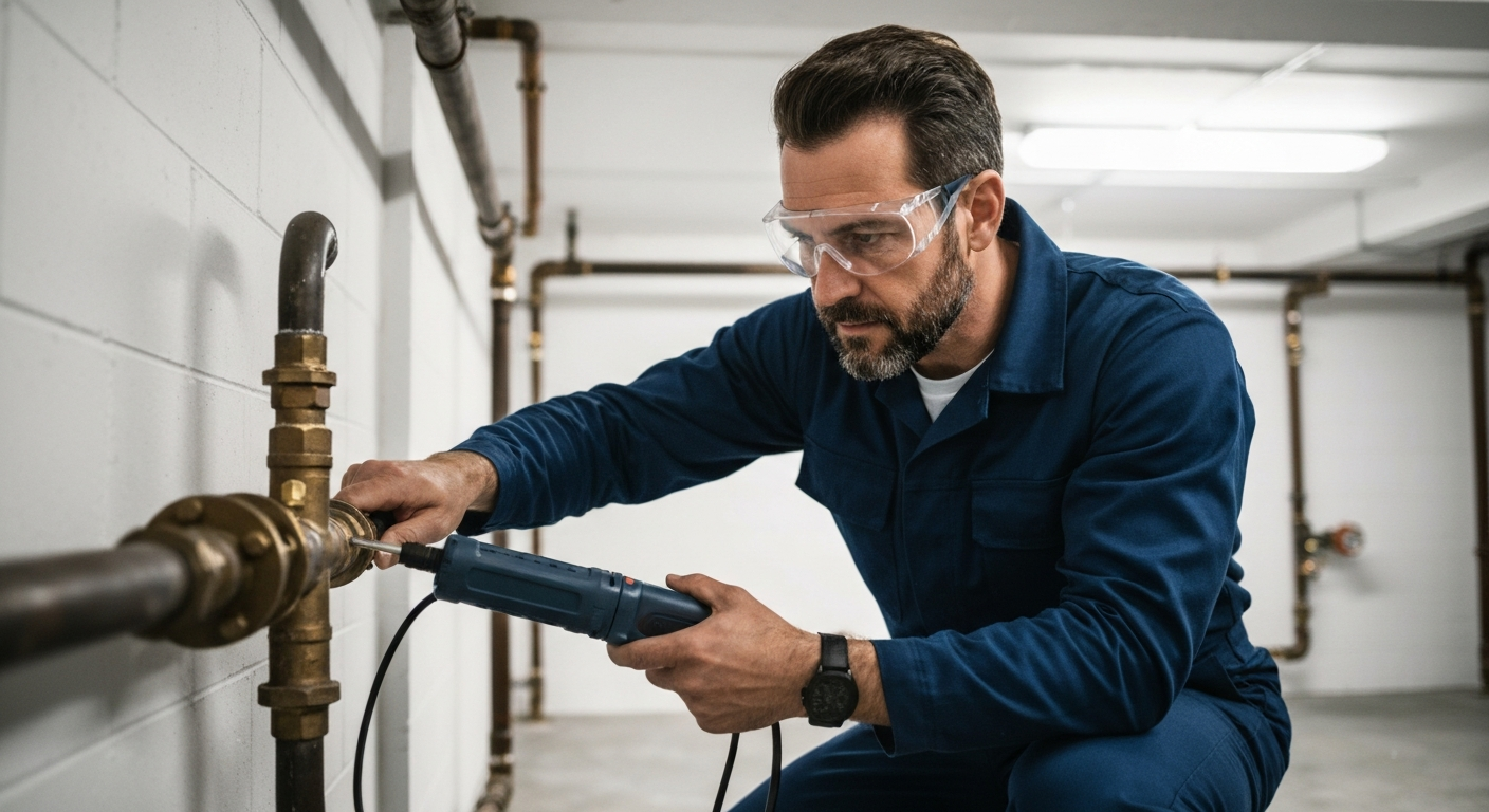 Plumber inspecting gas line