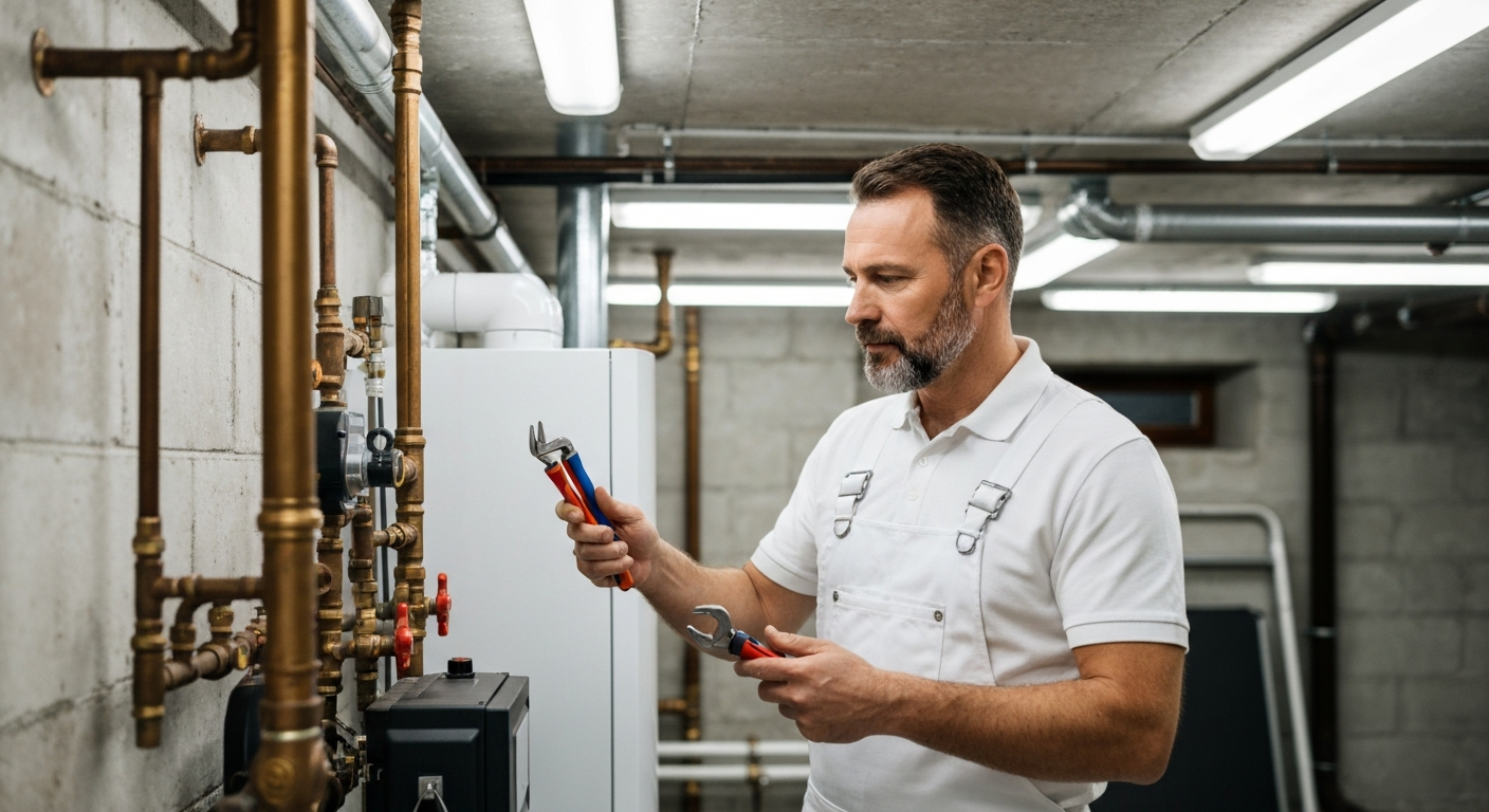Plumber inspecting boiler