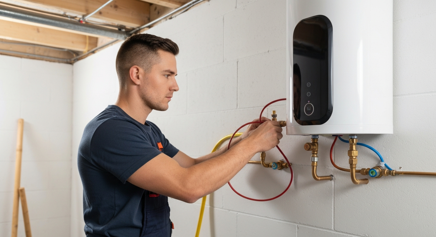Plumber installing water heater