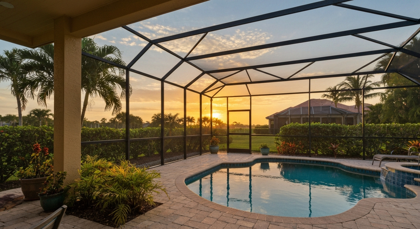 Screened lanai with pool and tropical sunset