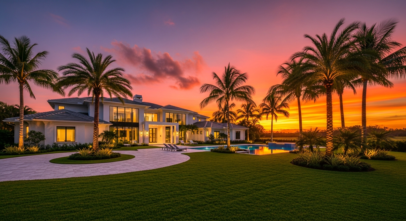 Luxury Florida home at sunset with palm trees