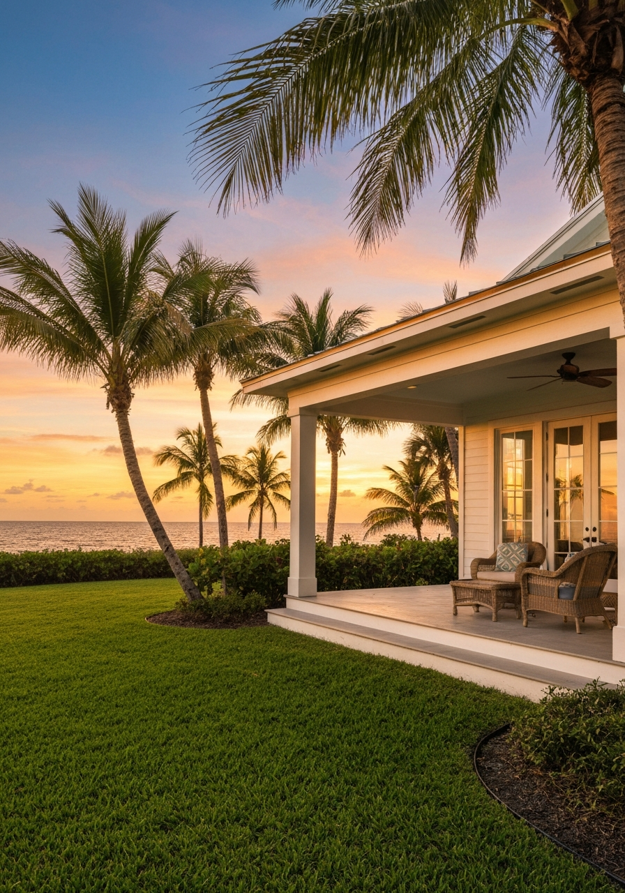 Florida coastal home framed by palm trees at golden hour