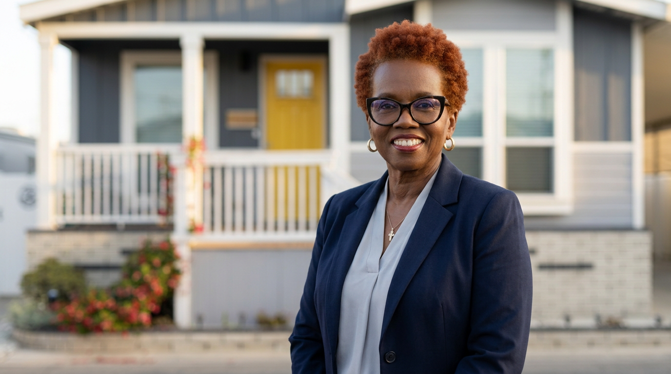 Yvette Hitchens standing in front of her manufactured home