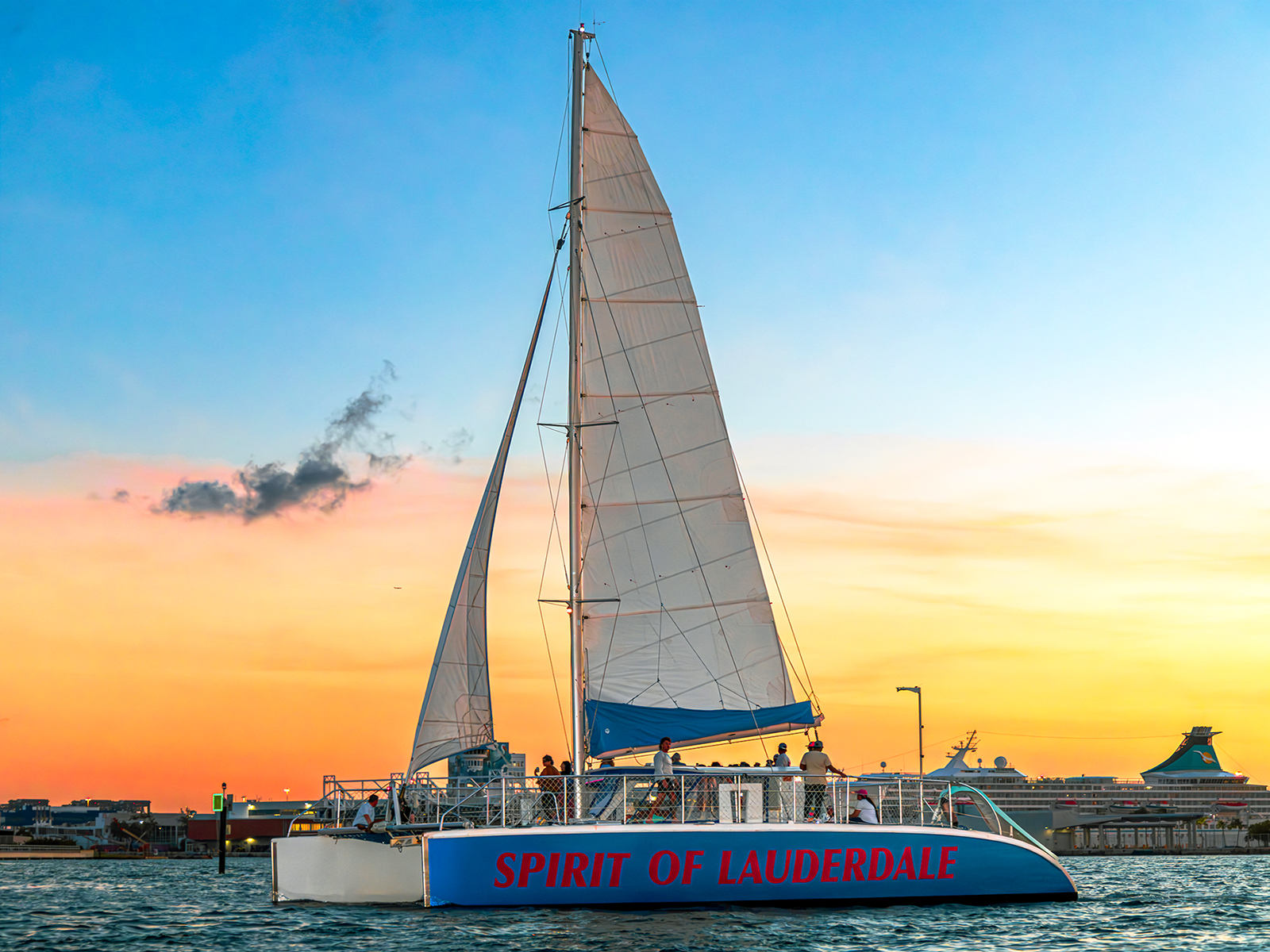 Spirit of Lauderdale catamaran sailing near Fort Lauderdale coastline