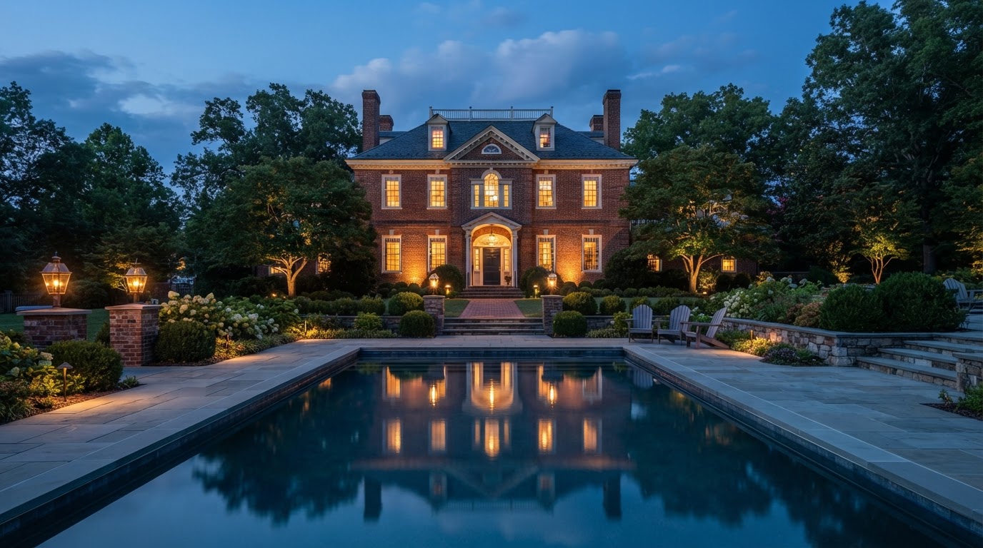 A historic Northern Virginia brick manor estate at dusk with an exceptional gunite swimming pool in the foreground