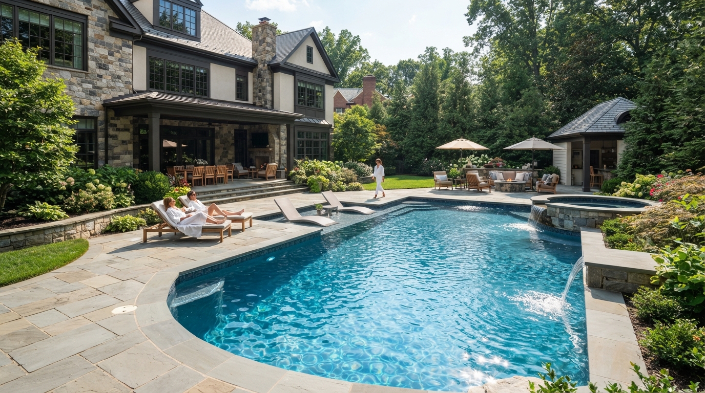 Sophisticated private swimming pool behind an upscale McLean, Virginia residence