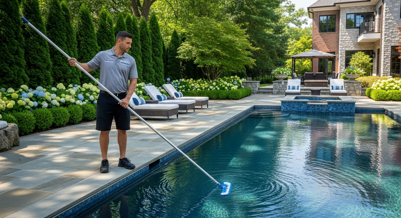 Luxury private gunite swimming pool at a wooded Fairfax Station, Virginia estate with clear blue water and mature trees
