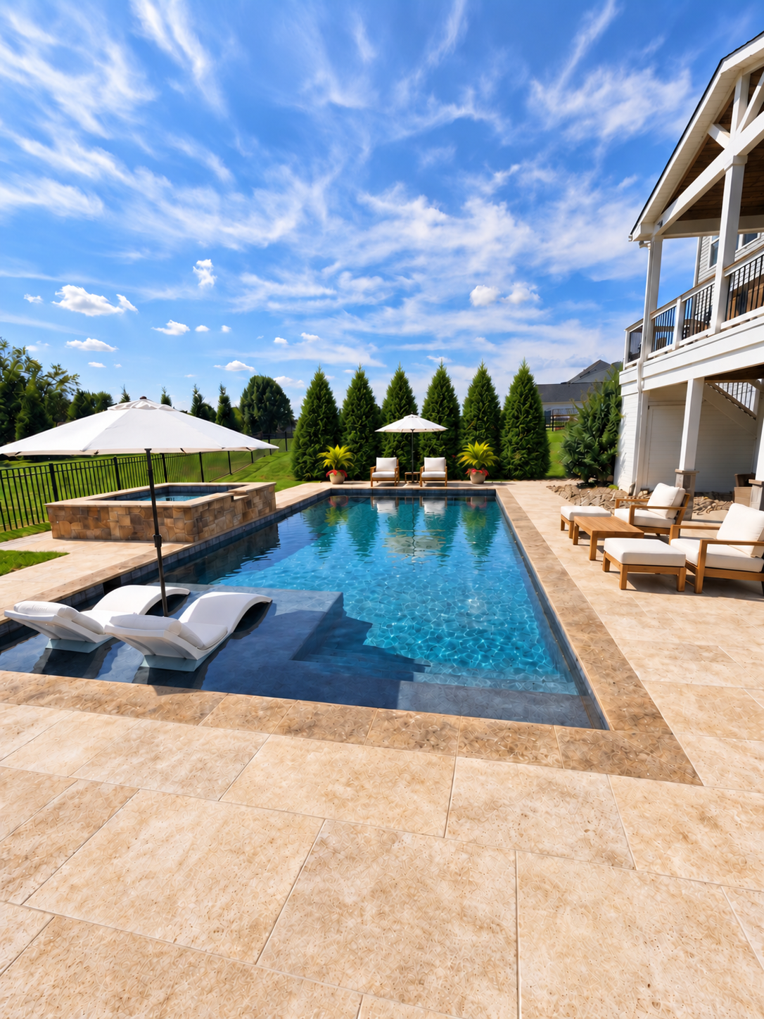 Luxury residential concrete swimming pool with sunshelf, integrated spa, and travertine terrace