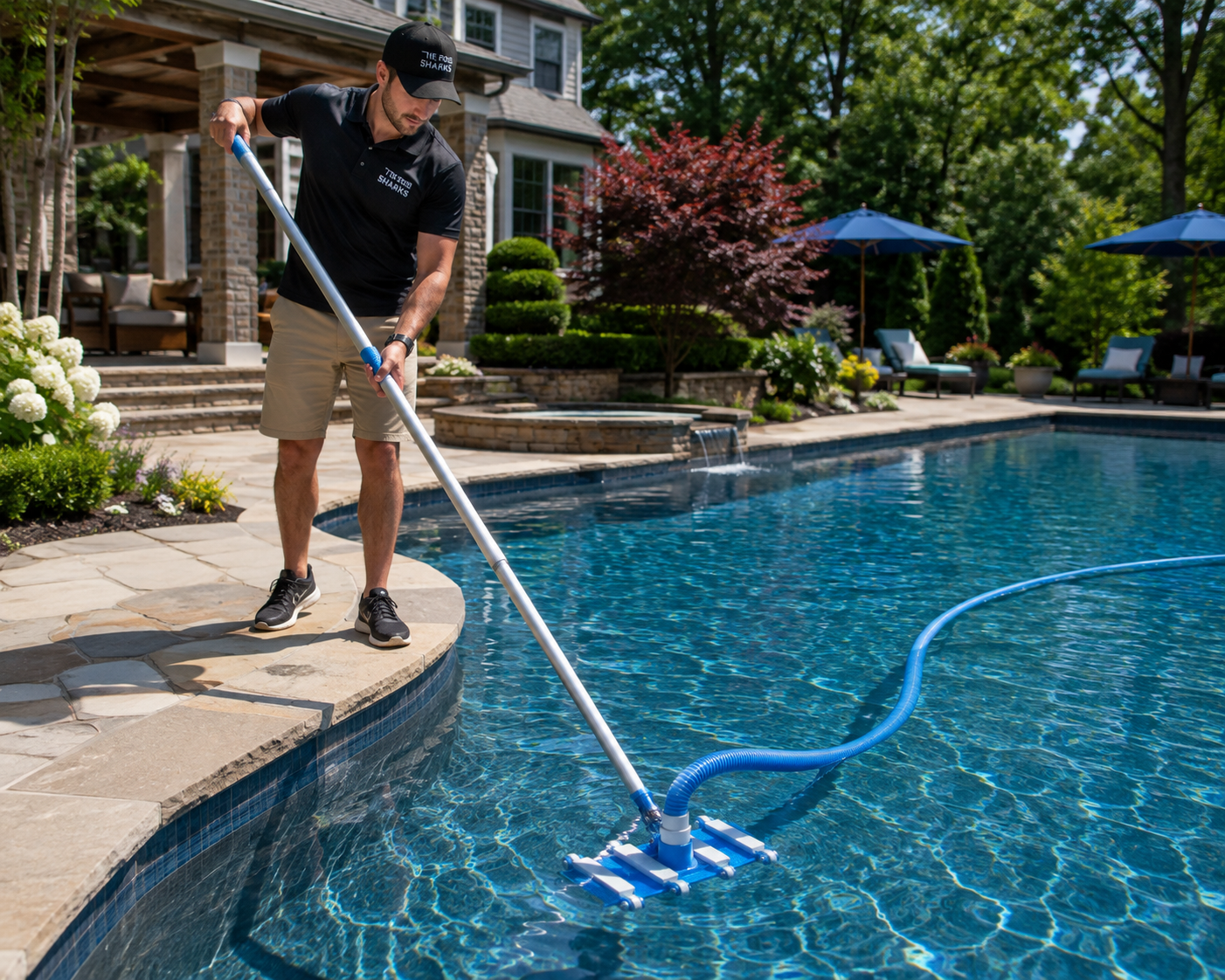 Pool Sharks technician vacuuming luxury gunite pool with professional equipment