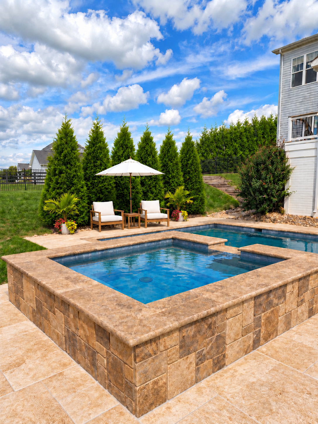 Raised masonry spa with stone veneer and bullnose coping adjoining a concrete swimming pool