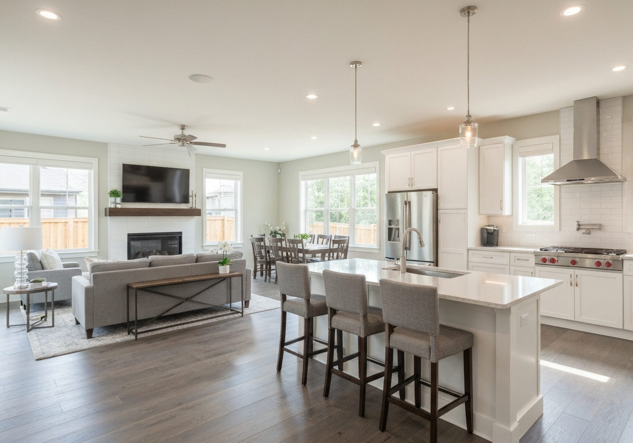 Warm modern kitchen and living room
