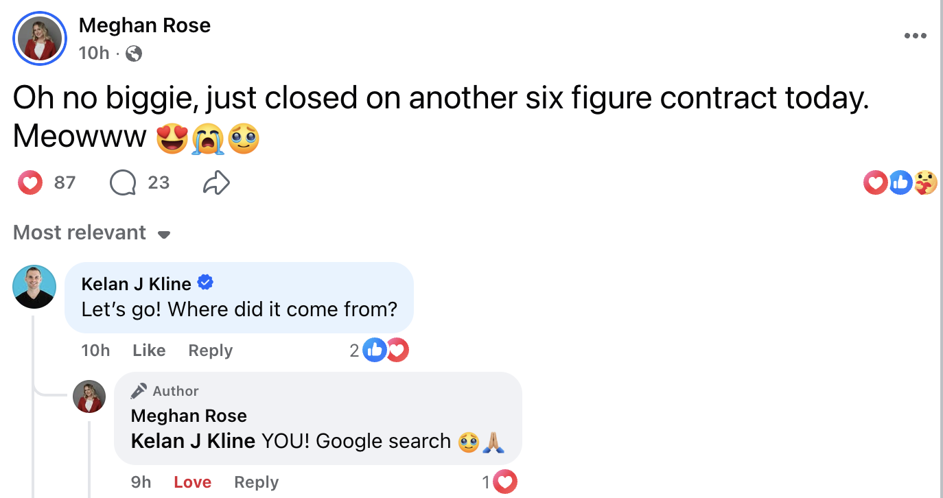 Facebook post from client showing another six figure contract