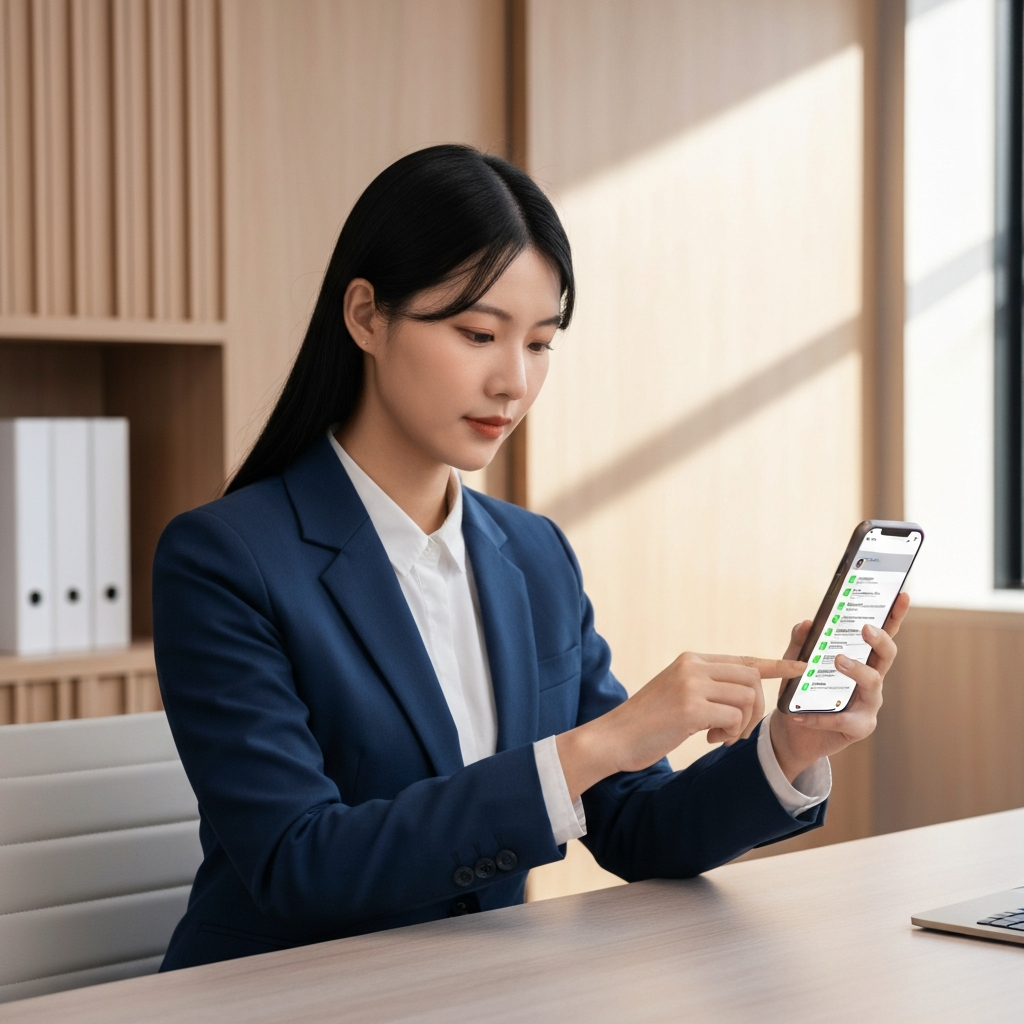 Education consultant using a smartphone to send automated WhatsApp messages
