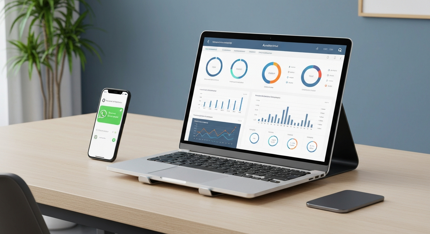 Automated CRM dashboard on a laptop with a smartphone showing a WhatsApp business message