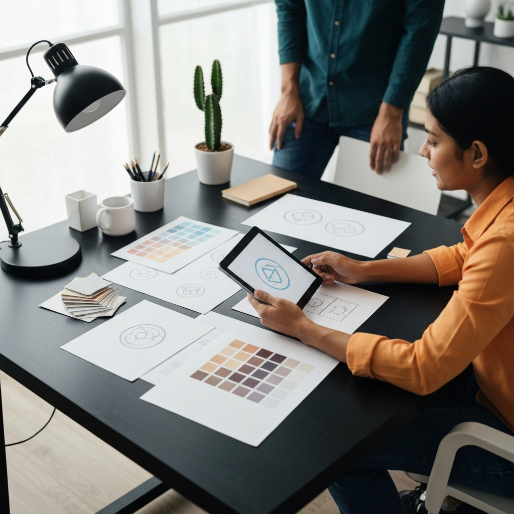 Creative brand identity design process on a sleek desk