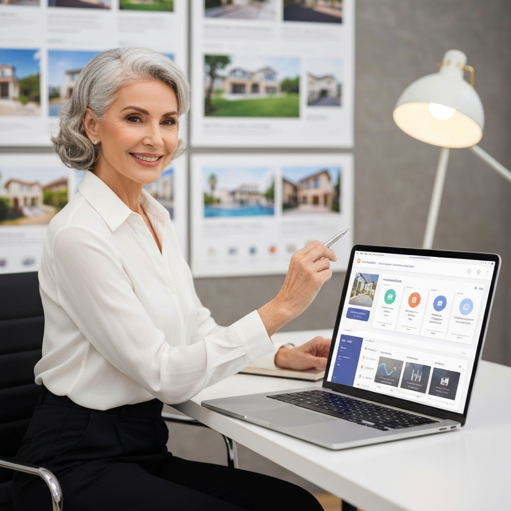 Real estate professional using a modern CRM dashboard on a laptop with properties in the background