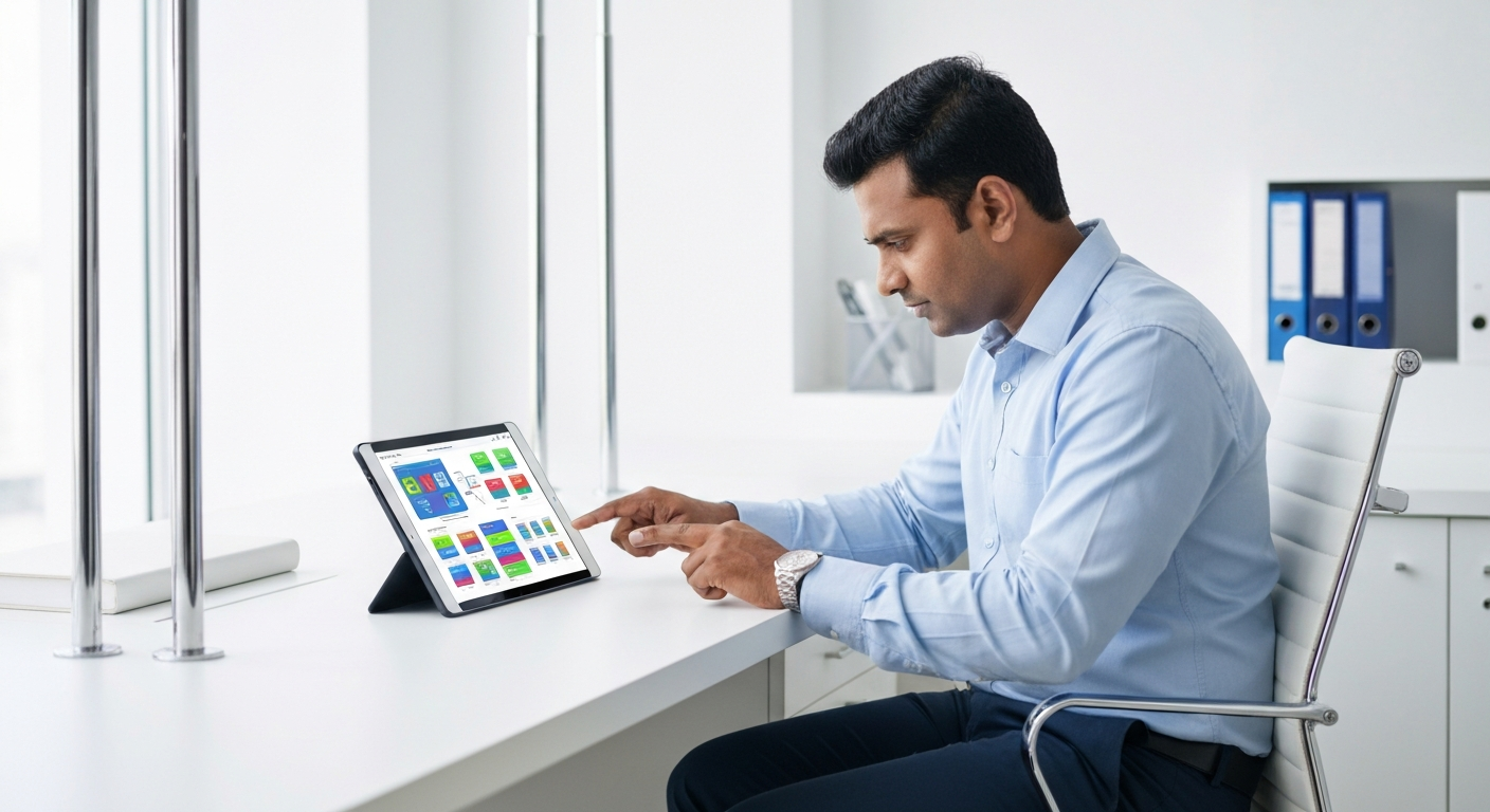 Small business owner in Chennai looking at a tablet showing automated workflow diagrams