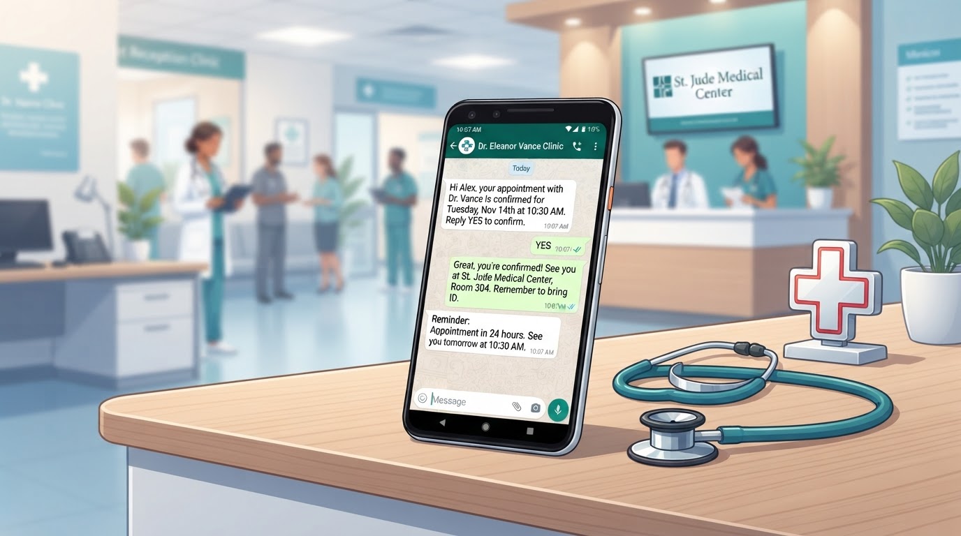 WhatsApp automation for clinics and hospitals in India Smartphone showing a WhatsApp chat conversation with clinic appointment booking confirmations and reminders beside a doctor's stethoscope and medical cross symbol
