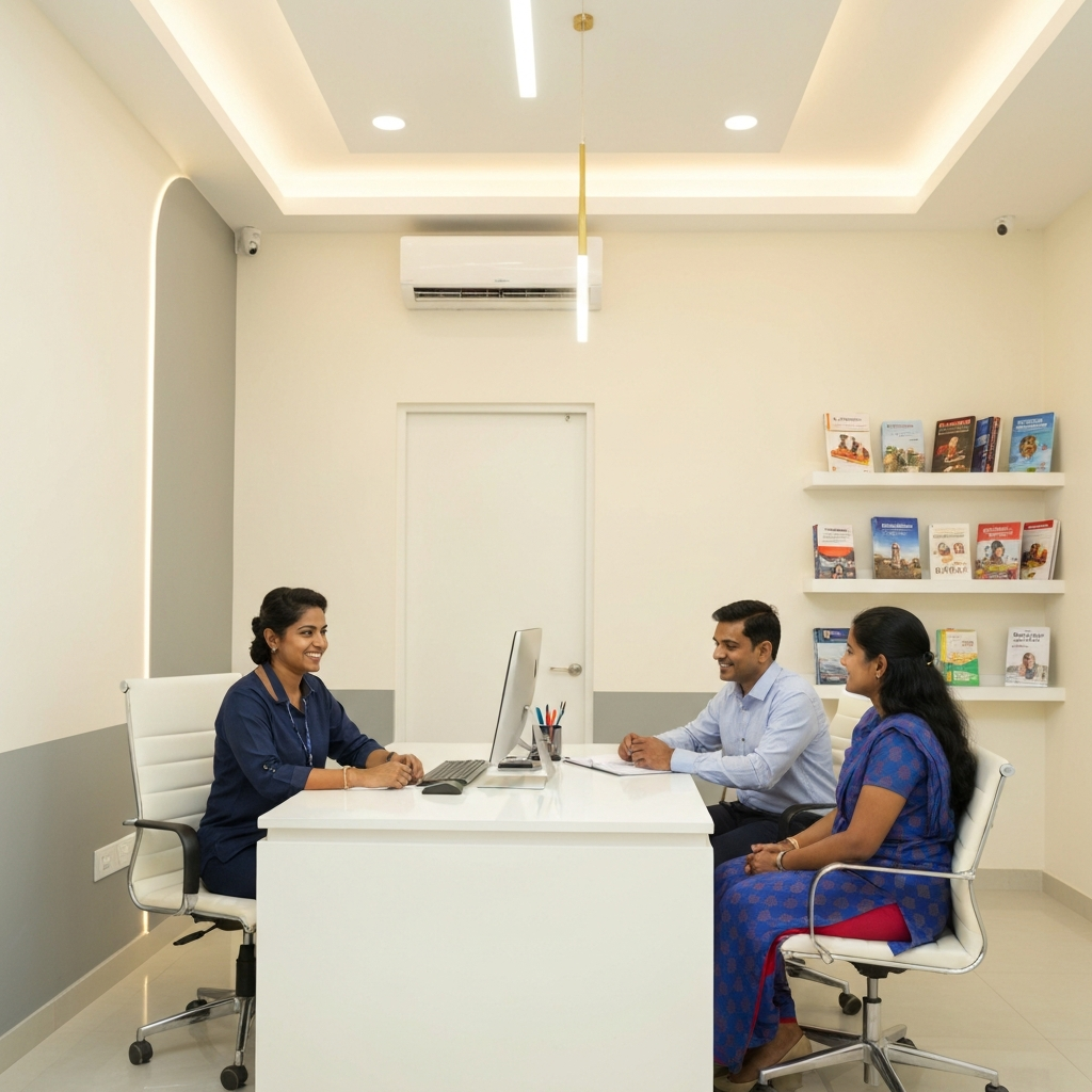 Professional coaching institute admissions office in Chennai with a consultant talking to parents