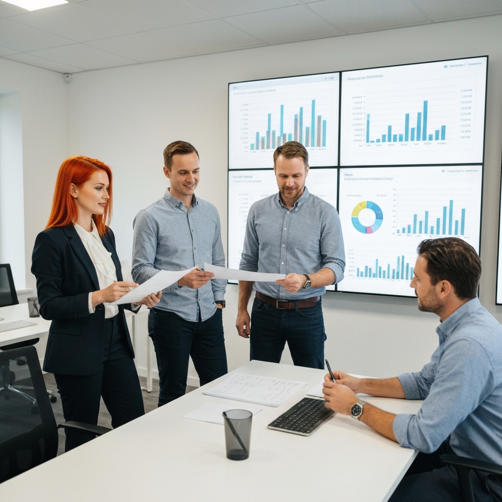 Real estate sales team collaborating and reviewing pipeline data in a modern office