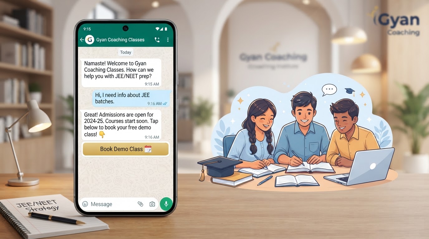 WhatsApp automation for coaching institutes in India Smartphone showing a WhatsApp chat conversation about JEE and NEET coaching admissions with a book demo class button beside students studying with books and a graduation cap